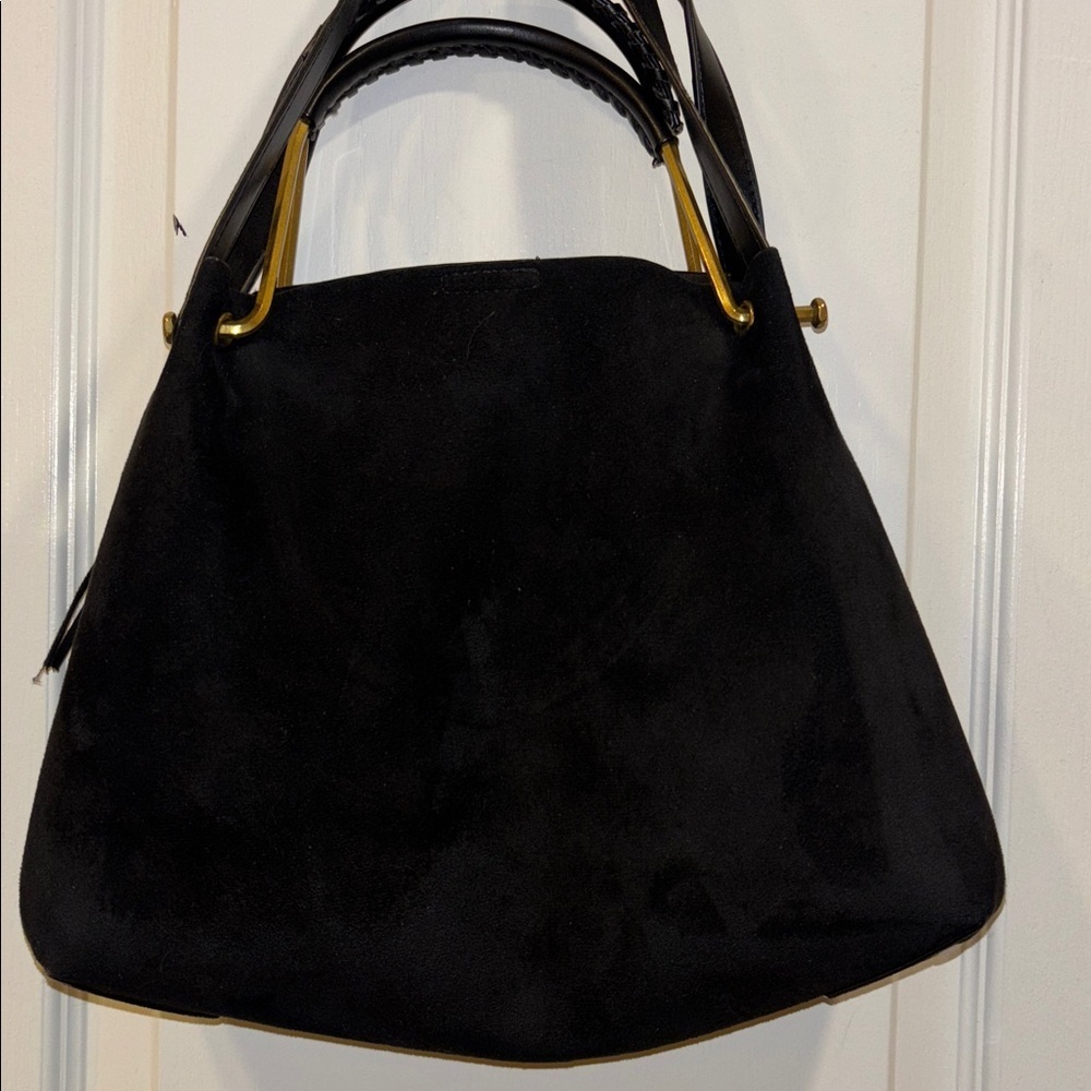 HOUSE OF HARLOW 1960 BLACK SUEDE BAG W/ SHOULDER STRAP GOLD/BRASS TONED HANDLE - Picture 5 of 16